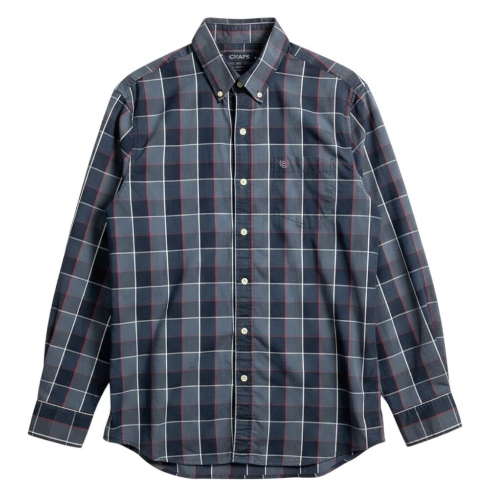 Ralph Lauren Chaps Men's Large Plaid Blue Red Cotton Blend Button-Down Preppy